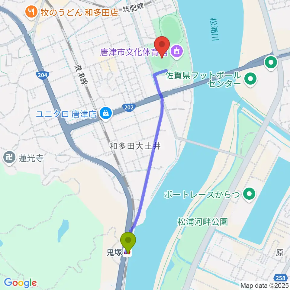 鬼塚駅からSHOWAハンバーガースタジアム唐津へのルートマップ地図