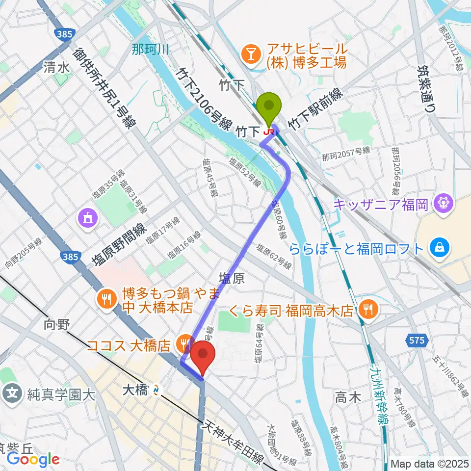 竹下駅からsound Boogie大橋店へのルートマップ地図