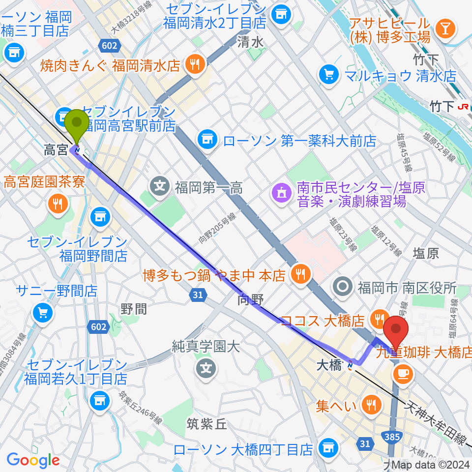 高宮駅からsound Boogie大橋店へのルートマップ地図