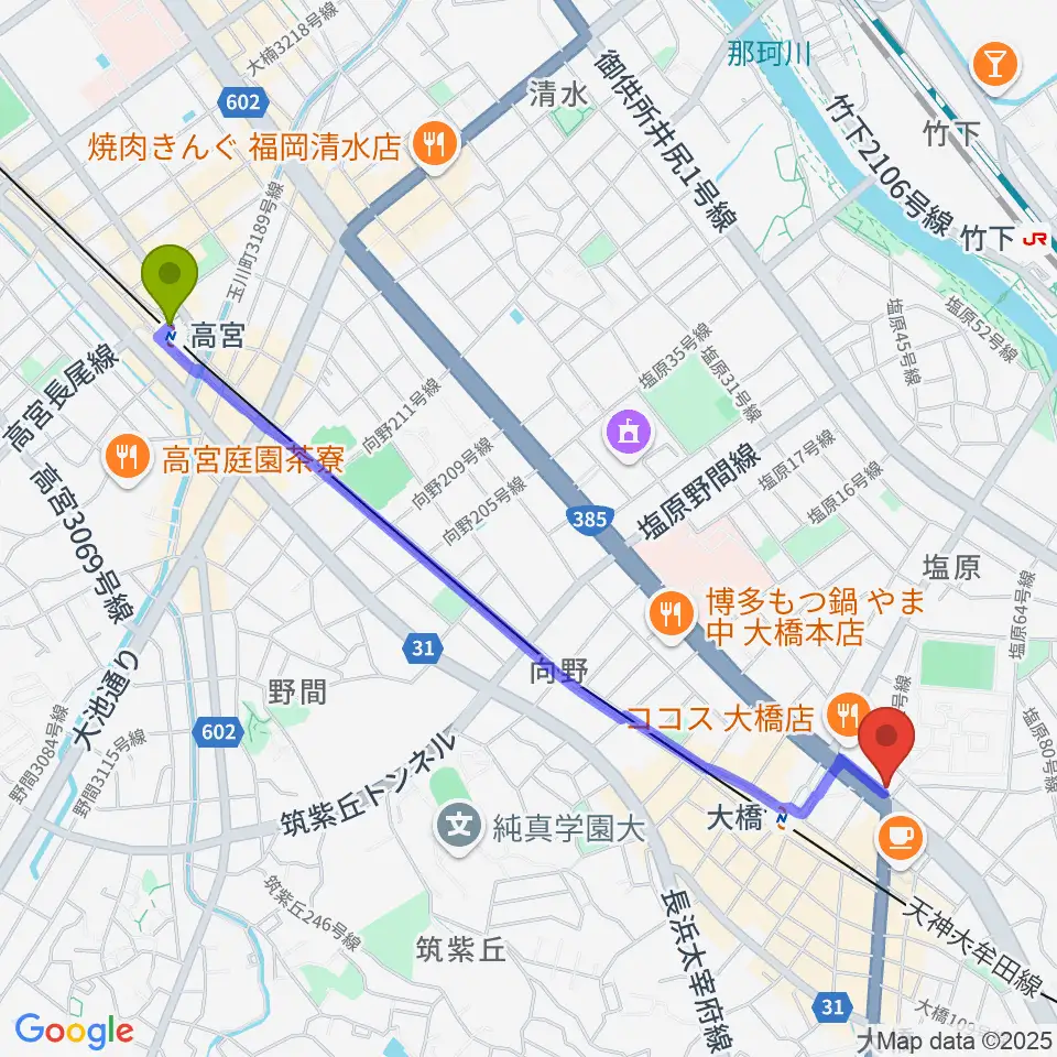 高宮駅からsound Boogie大橋店へのルートマップ地図