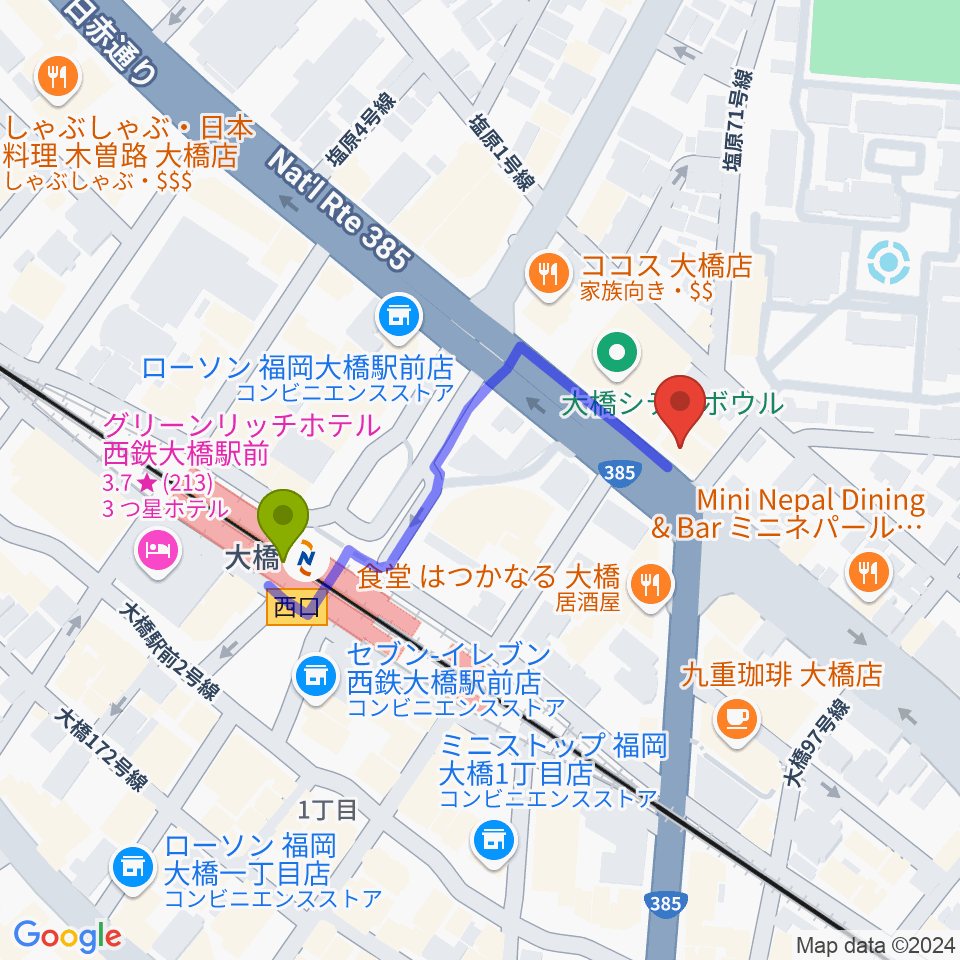 sound Boogie大橋店の最寄駅大橋駅からの徒歩ルート（約3分）地図