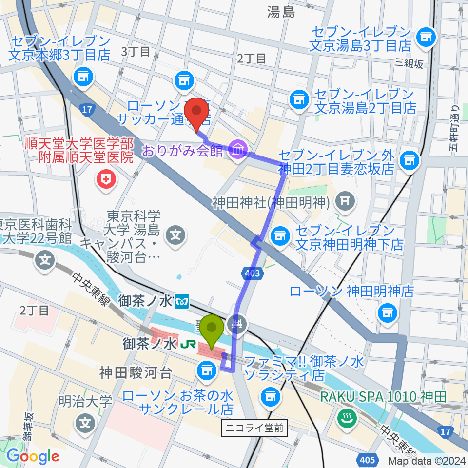 サウンドナイン御茶ノ水店の最寄駅御茶ノ水駅からの徒歩ルート（約7分）地図