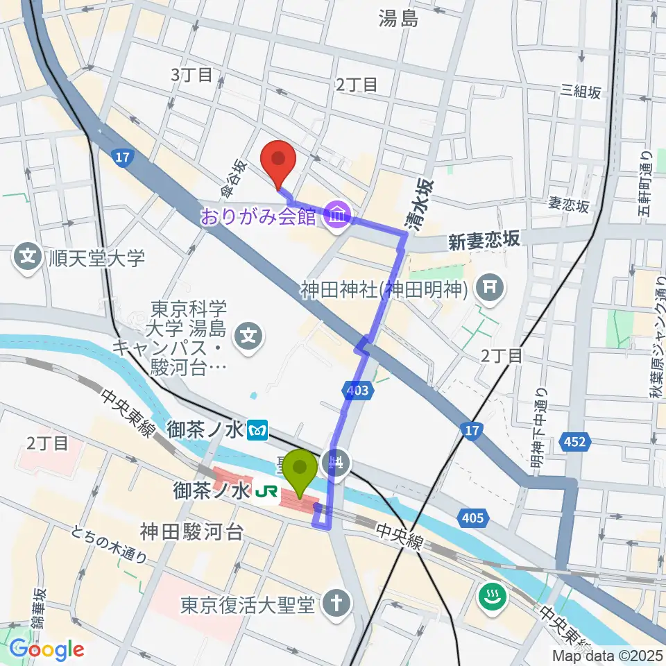 サウンドナイン御茶ノ水店の最寄駅御茶ノ水駅からの徒歩ルート（約7分）地図