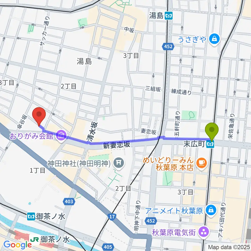 末広町駅からサウンドナイン御茶ノ水店へのルートマップ地図