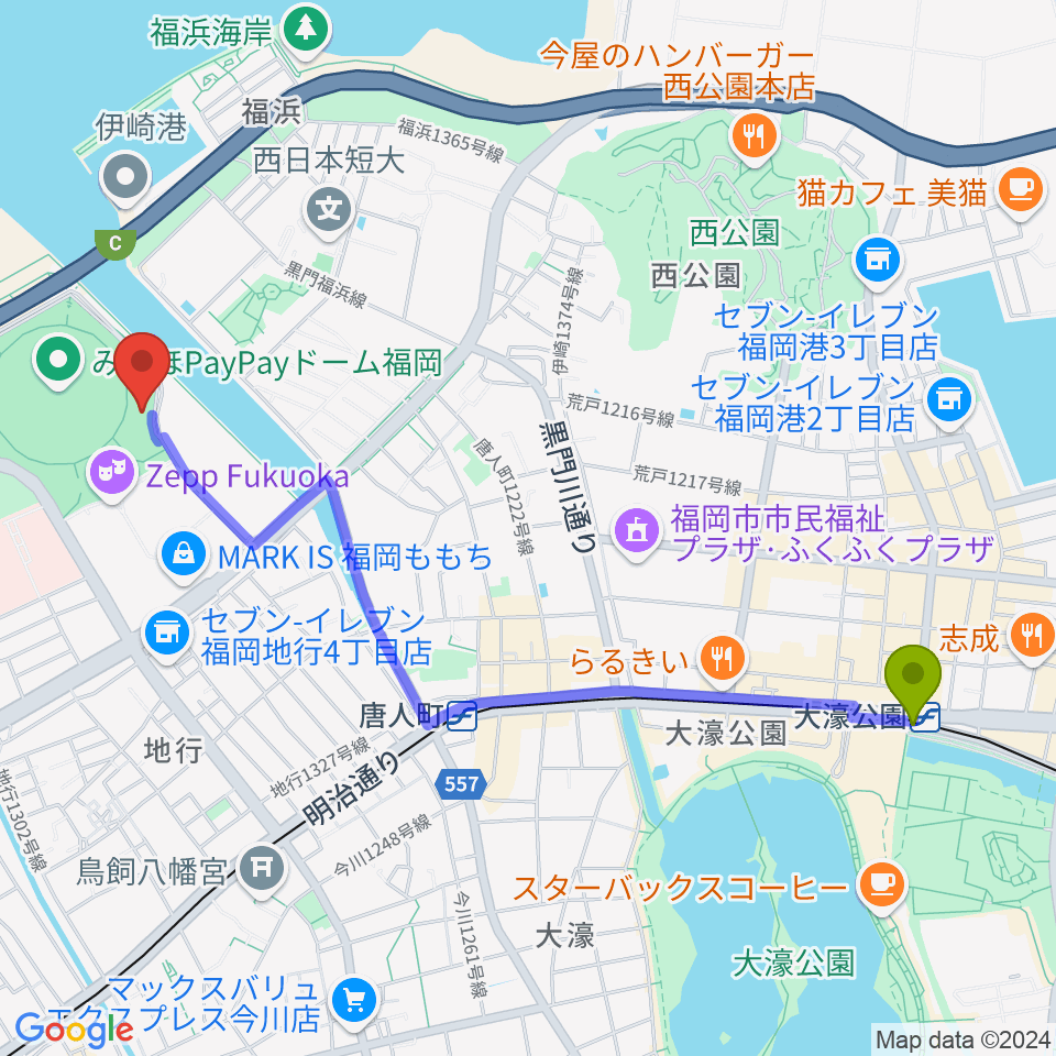 大濠公園駅からよしもと福岡 大和証券劇場へのルートマップ地図