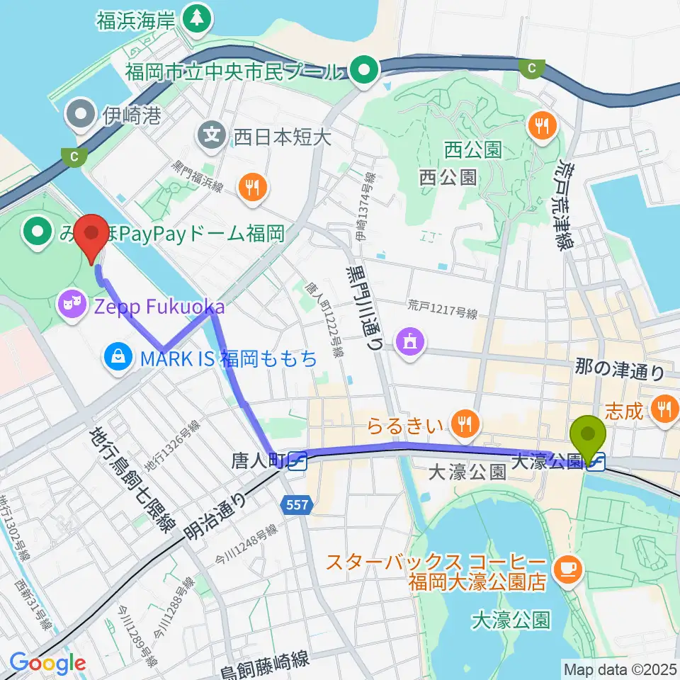 大濠公園駅からよしもと福岡 大和証券劇場へのルートマップ地図