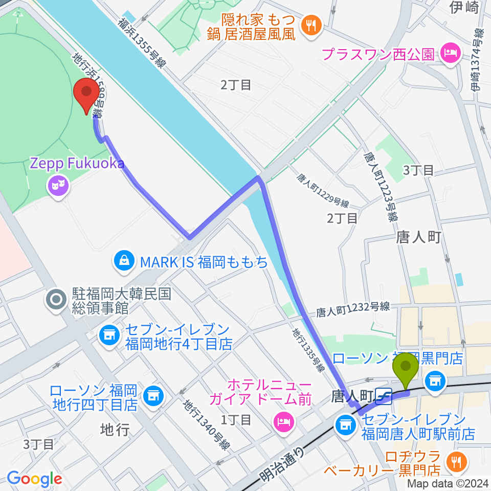 よしもと福岡 大和証券劇場の最寄駅唐人町駅からの徒歩ルート（約14分）地図