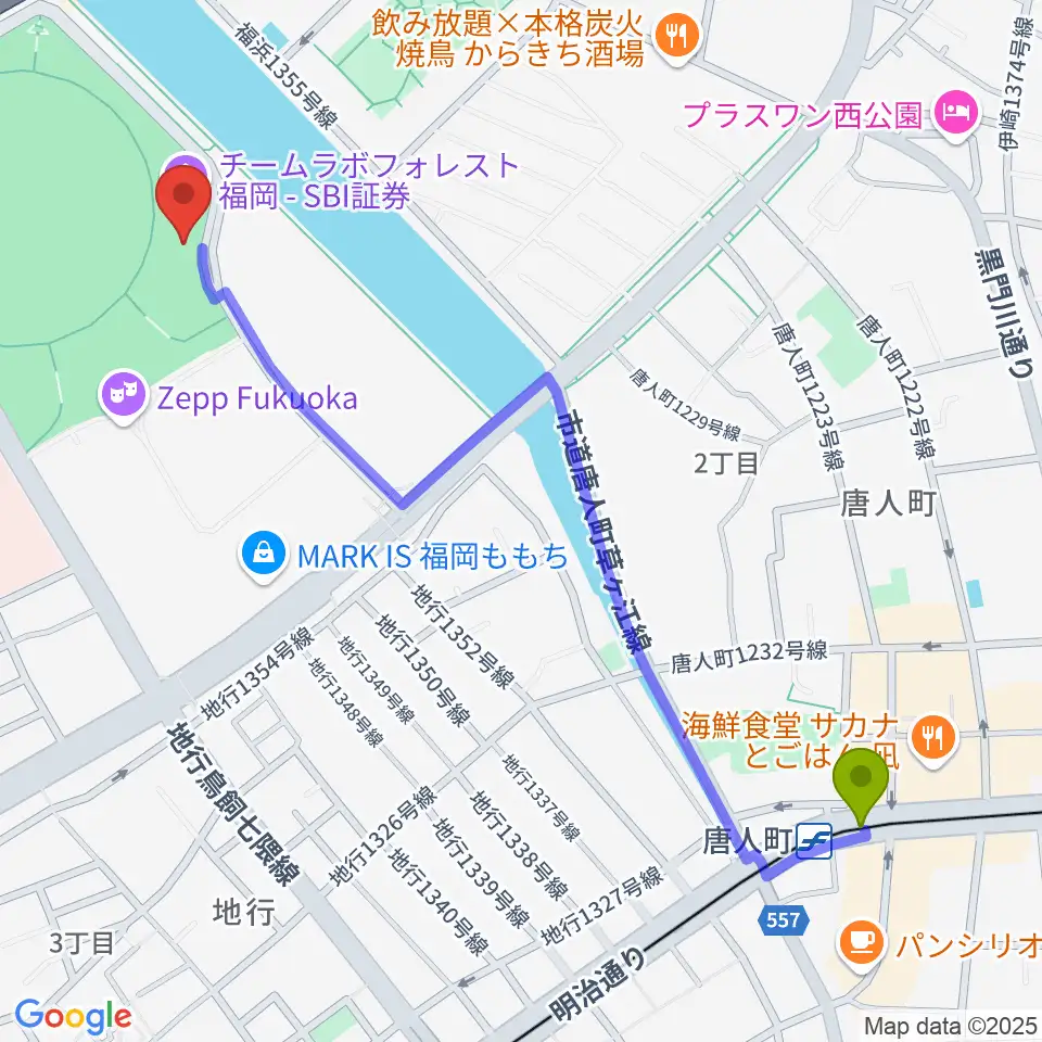 よしもと福岡 大和証券劇場の最寄駅唐人町駅からの徒歩ルート（約14分）地図