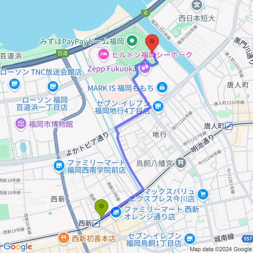 西新駅からよしもと福岡 大和証券劇場へのルートマップ地図