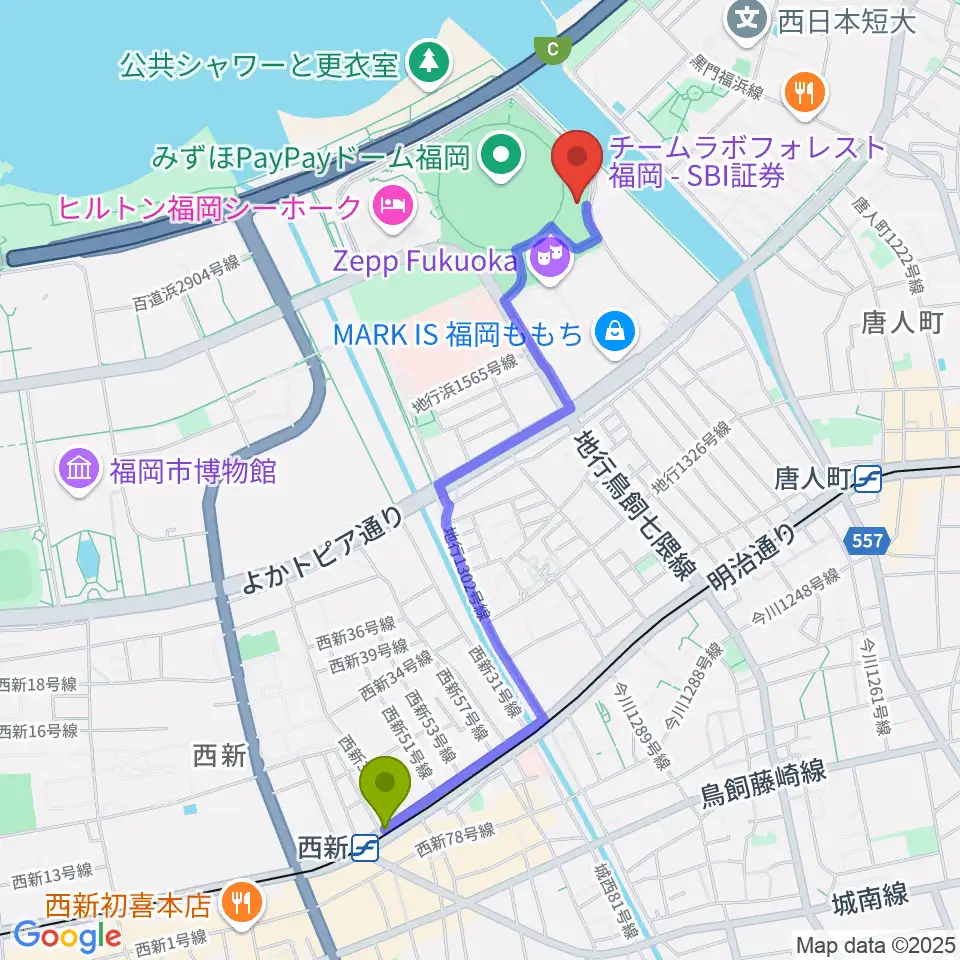 西新駅からよしもと福岡 大和証券劇場へのルートマップ地図