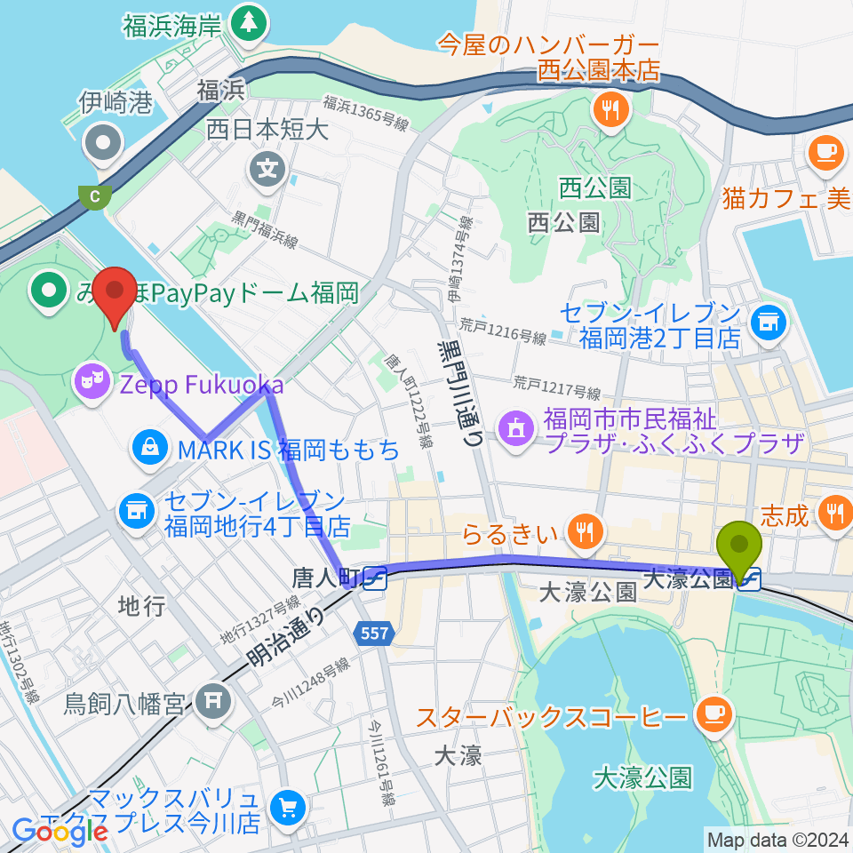 大濠公園駅から西日本シティ銀行 HKT48劇場へのルートマップ地図