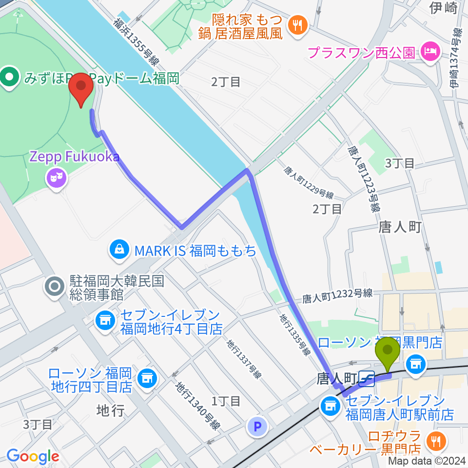 西日本シティ銀行 HKT48劇場の最寄駅唐人町駅からの徒歩ルート（約14分）地図