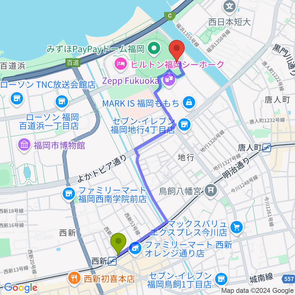 西新駅から西日本シティ銀行 HKT48劇場へのルートマップ地図