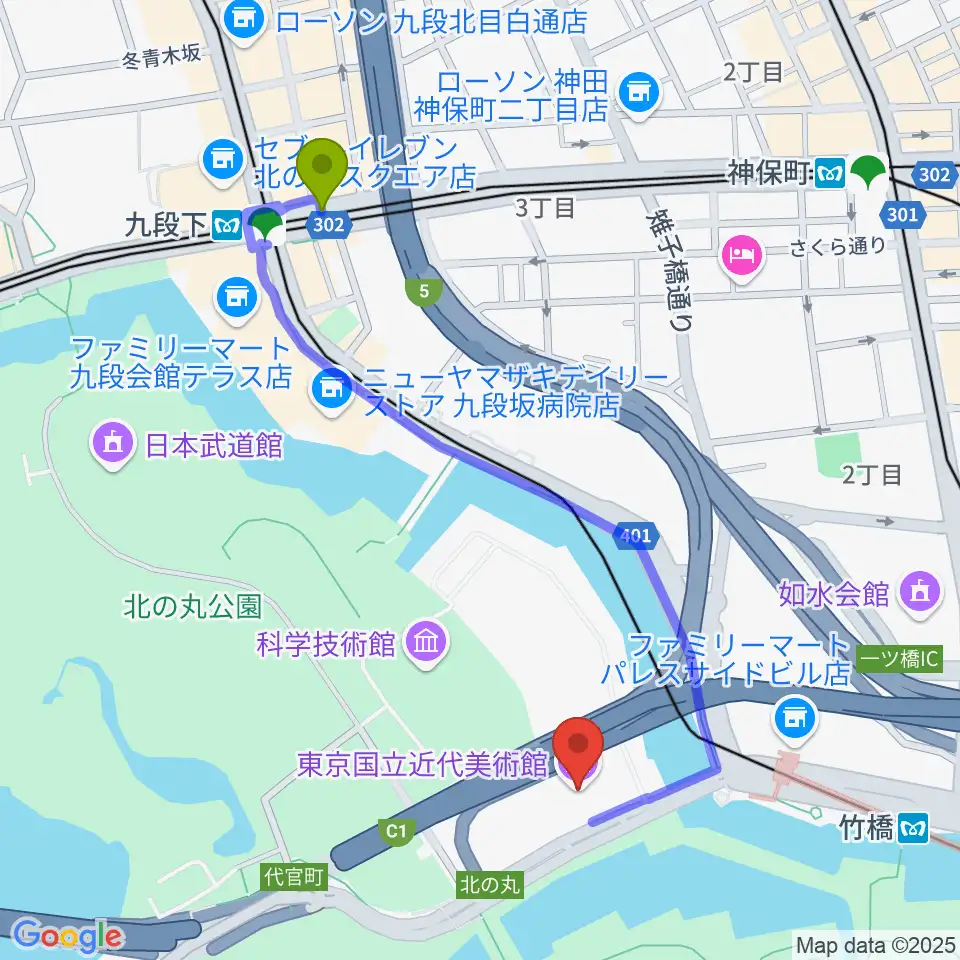 九段下駅から東京国立近代美術館へのルートマップ地図