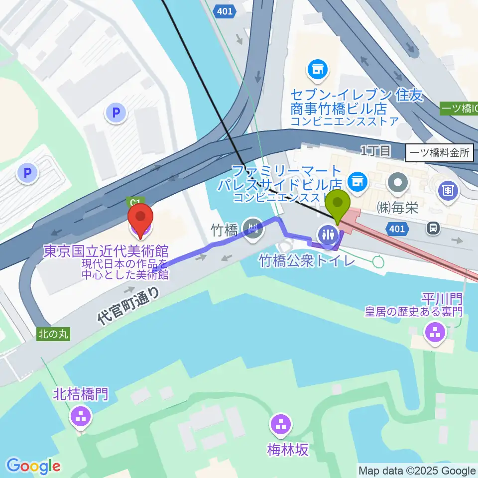 東京国立近代美術館の最寄駅竹橋駅からの徒歩ルート（約3分）地図