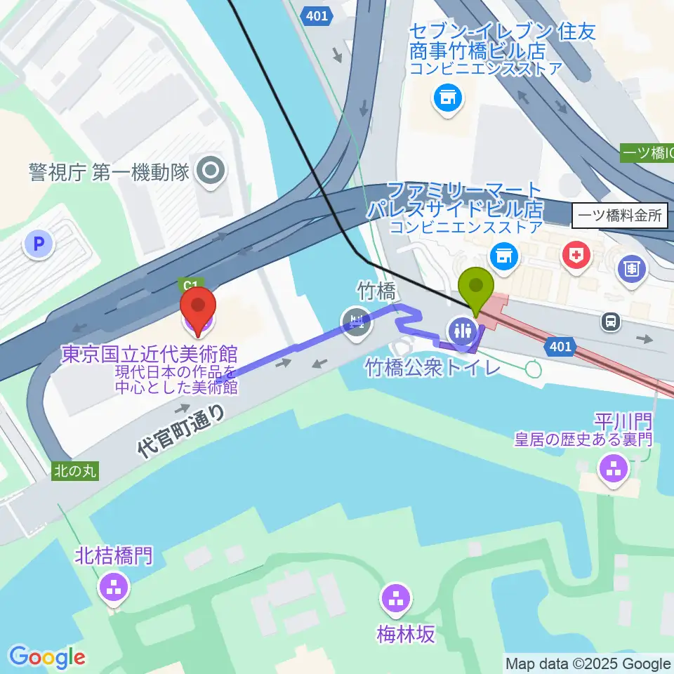 東京国立近代美術館の最寄駅竹橋駅からの徒歩ルート（約3分）地図