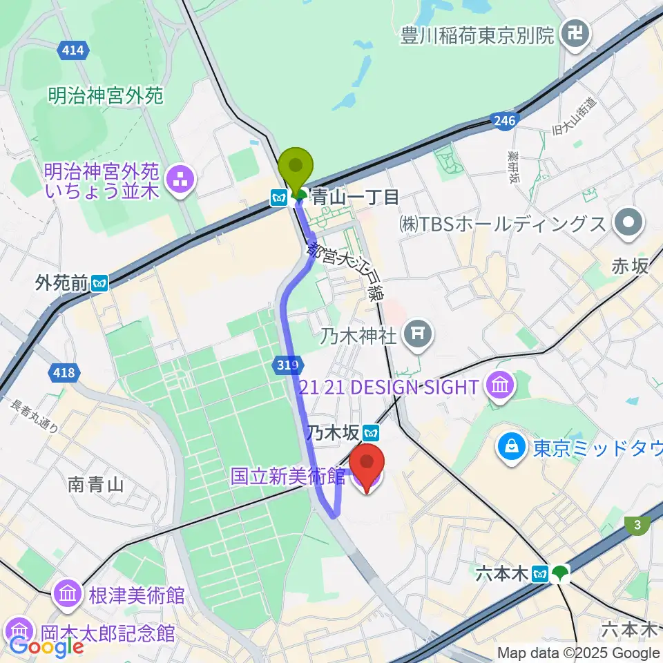 青山一丁目駅から国立新美術館へのルートマップ地図
