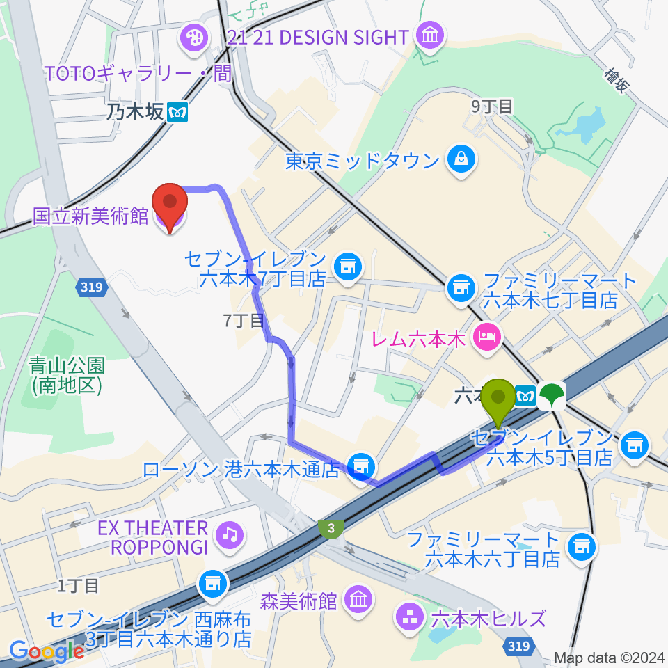 六本木駅から国立新美術館へのルートマップ地図