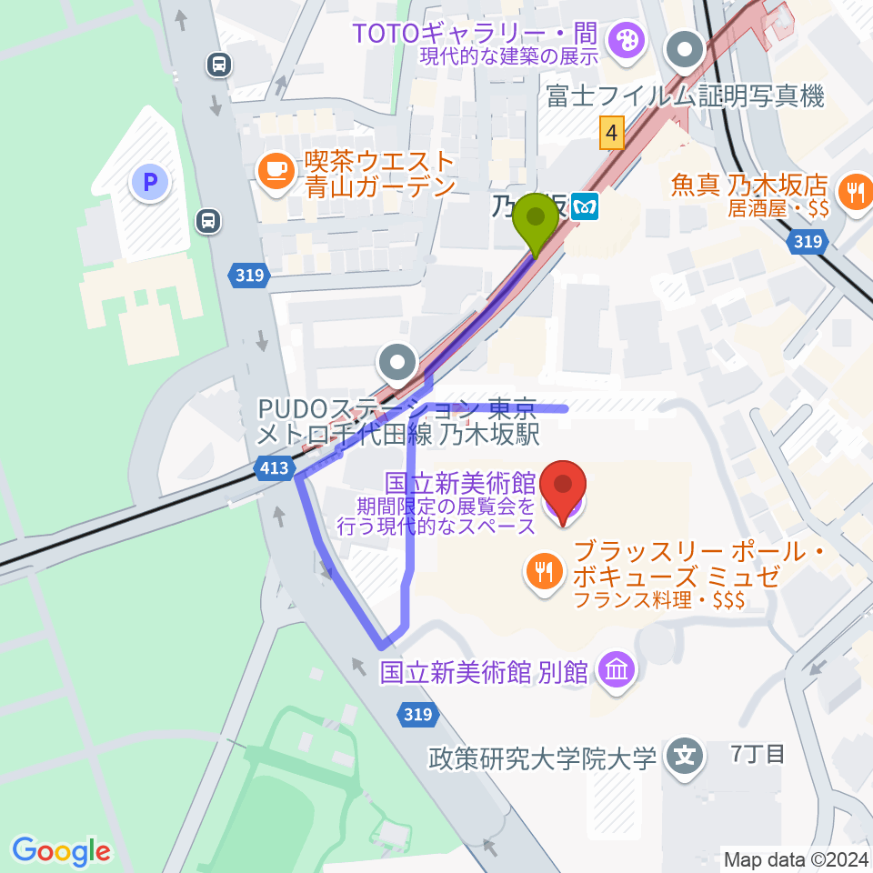 国立新美術館の最寄駅乃木坂駅からの徒歩ルート（約2分）地図