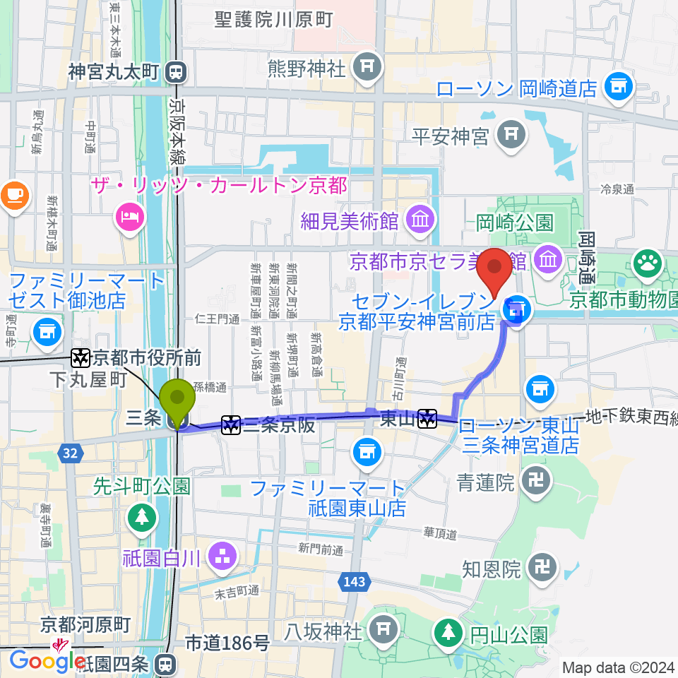 三条駅から京都国立近代美術館へのルートマップ地図