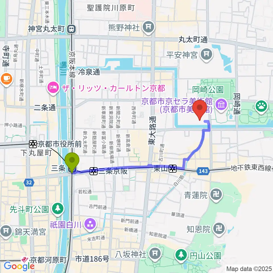 三条駅から京都国立近代美術館へのルートマップ地図