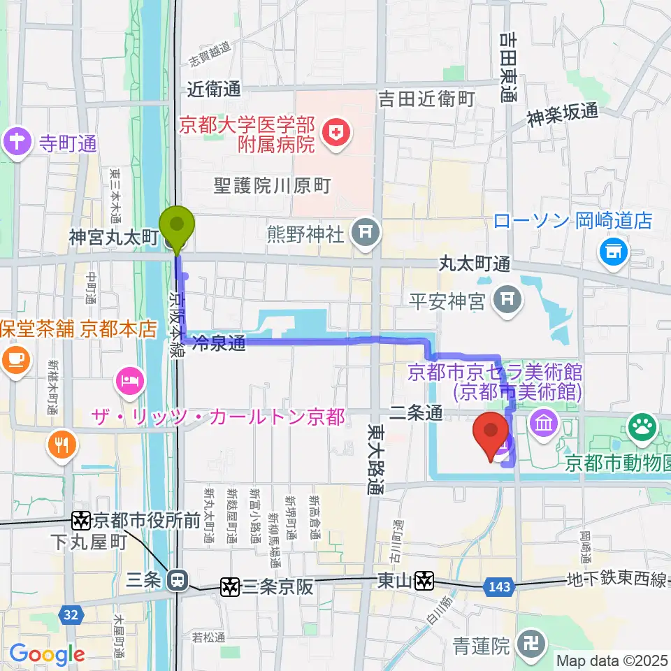 神宮丸太町駅から京都国立近代美術館へのルートマップ地図