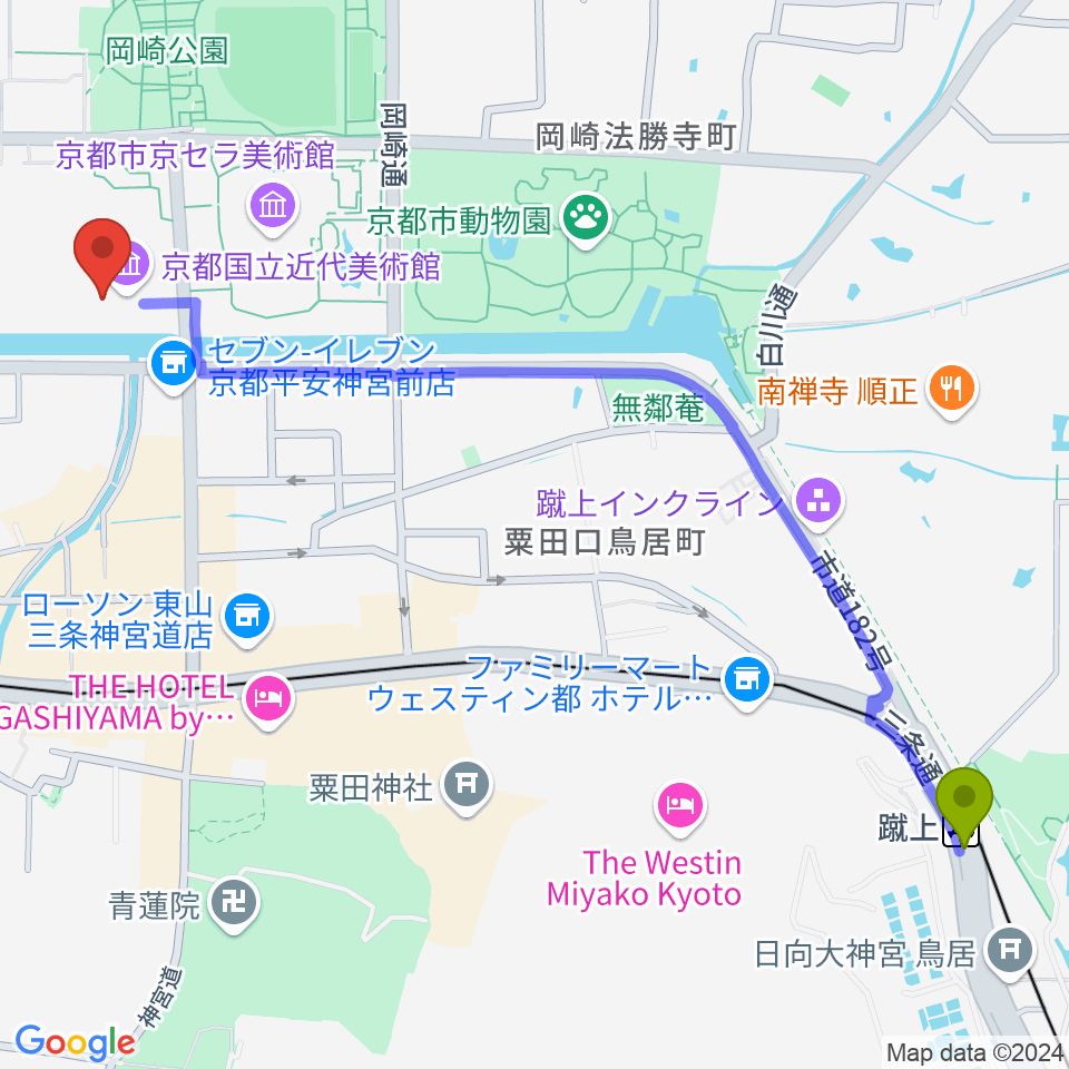 蹴上駅から京都国立近代美術館へのルートマップ地図