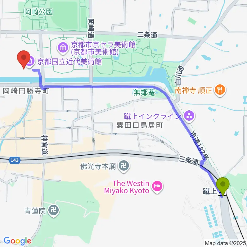 蹴上駅から京都国立近代美術館へのルートマップ地図