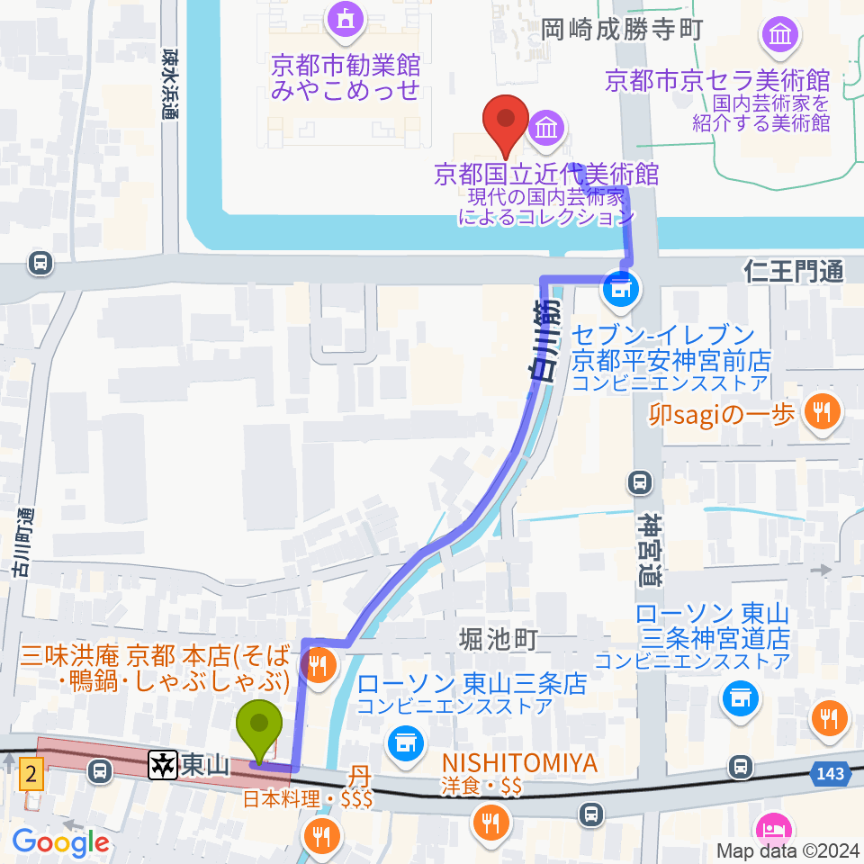 京都国立近代美術館の最寄駅東山駅からの徒歩ルート（約6分）地図