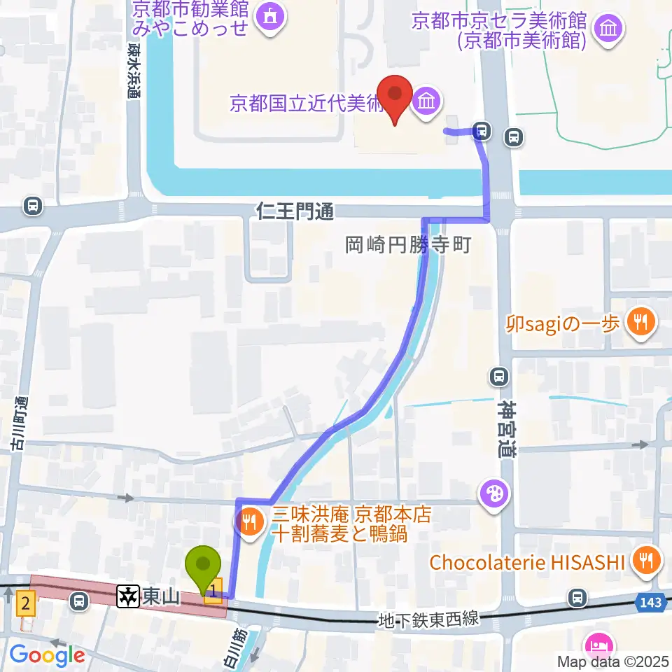 京都国立近代美術館の最寄駅東山駅からの徒歩ルート（約6分）地図