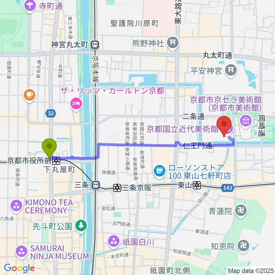 京都市役所前駅から京都国立近代美術館へのルートマップ地図