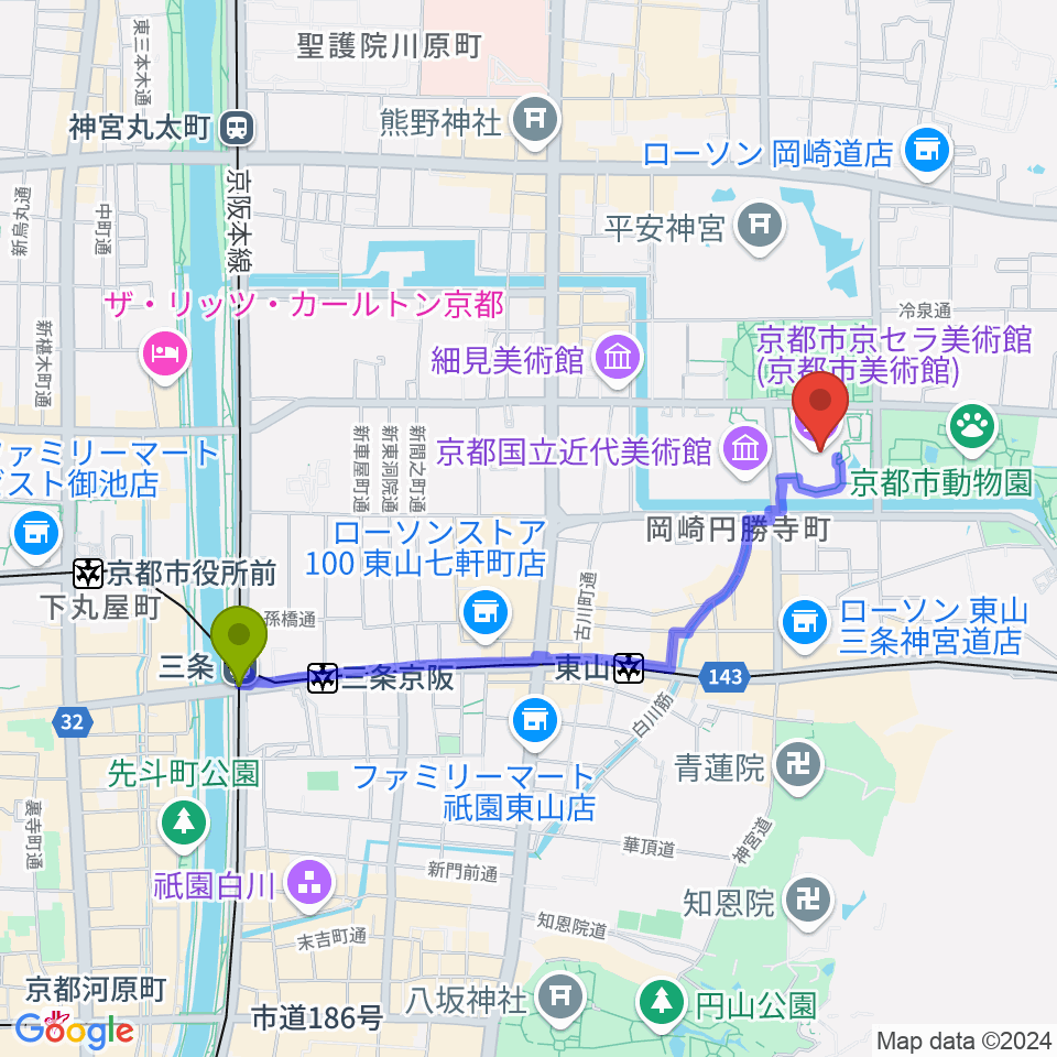 三条駅から京都市京セラ美術館へのルートマップ地図