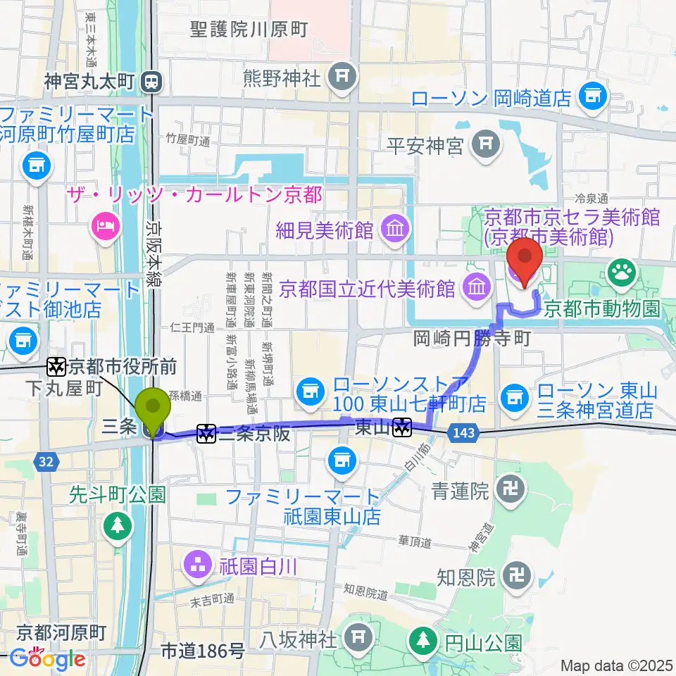 三条駅から京都市京セラ美術館へのルートマップ地図