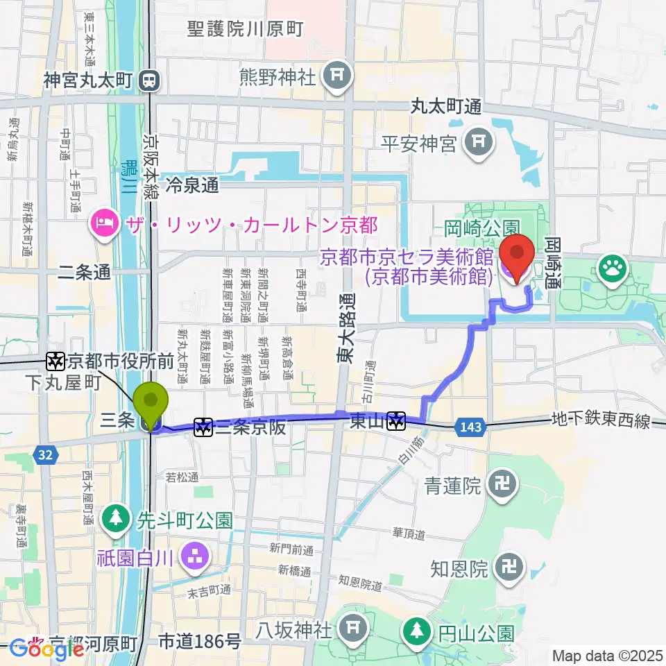 三条駅から京都市京セラ美術館へのルートマップ地図