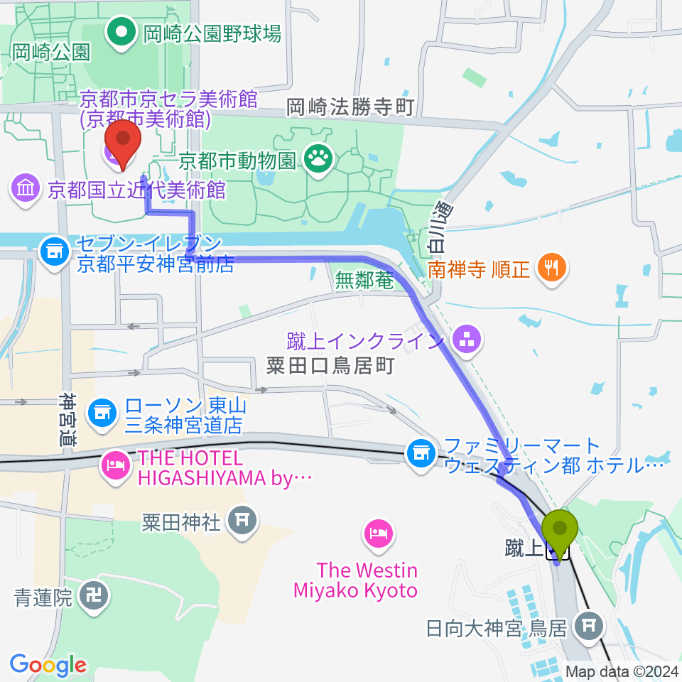 蹴上駅から京都市京セラ美術館へのルートマップ地図