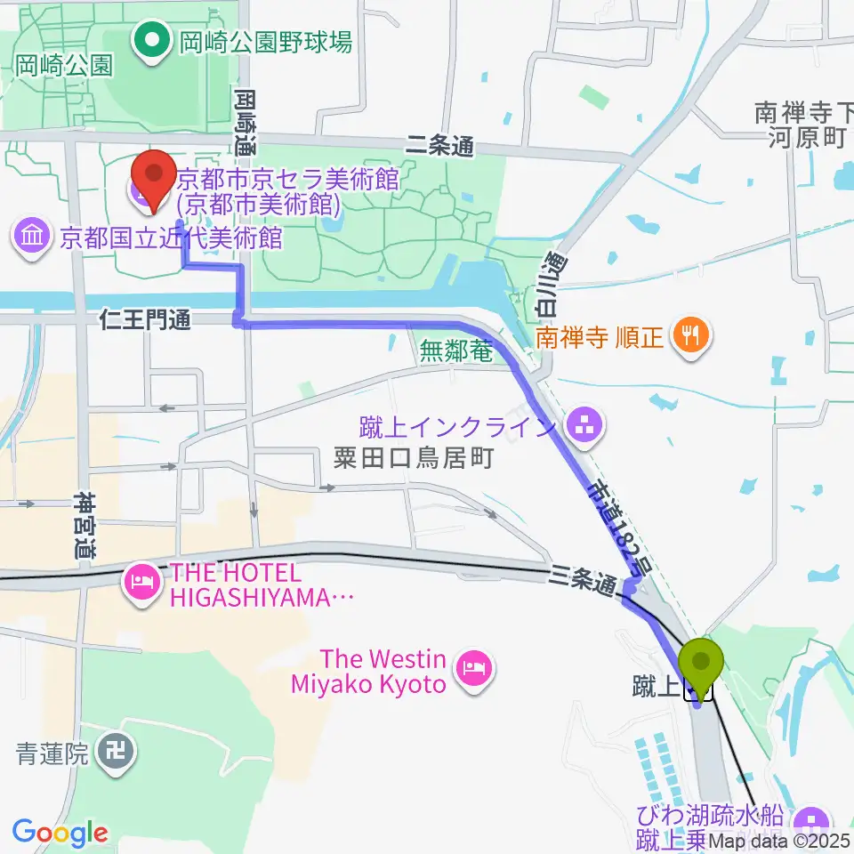 蹴上駅から京都市京セラ美術館へのルートマップ地図