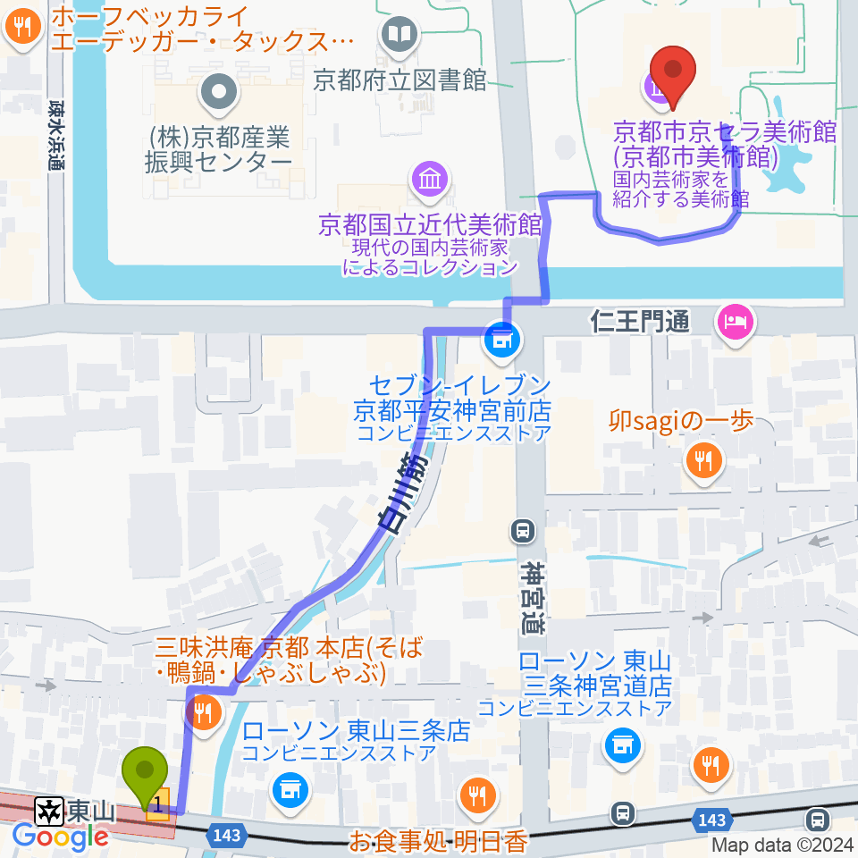 京都市京セラ美術館の最寄駅東山駅からの徒歩ルート（約8分）地図