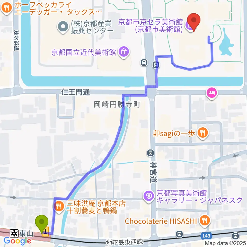 京都市京セラ美術館の最寄駅東山駅からの徒歩ルート（約8分）地図