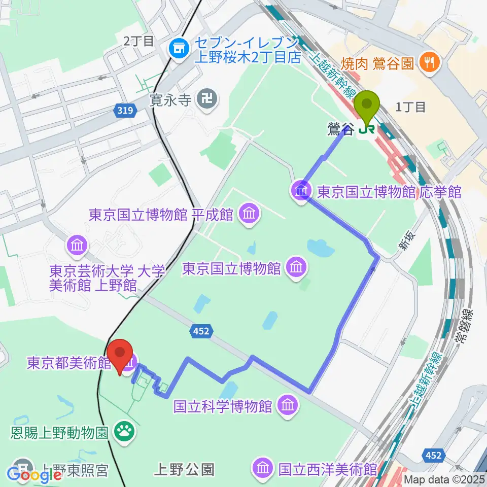 鶯谷駅から東京都美術館へのルートマップ地図