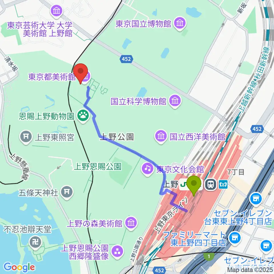 東京都美術館の最寄駅上野駅からの徒歩ルート（約9分）地図