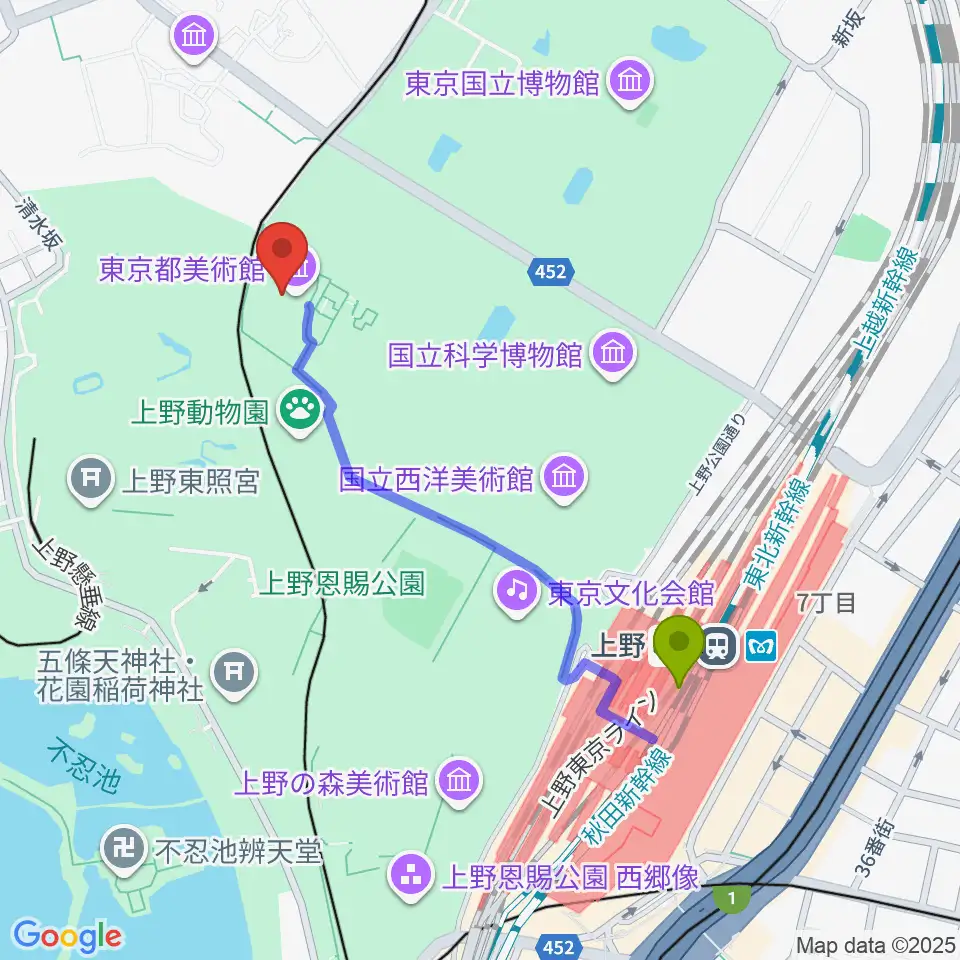 東京都美術館の最寄駅上野駅からの徒歩ルート（約9分）地図