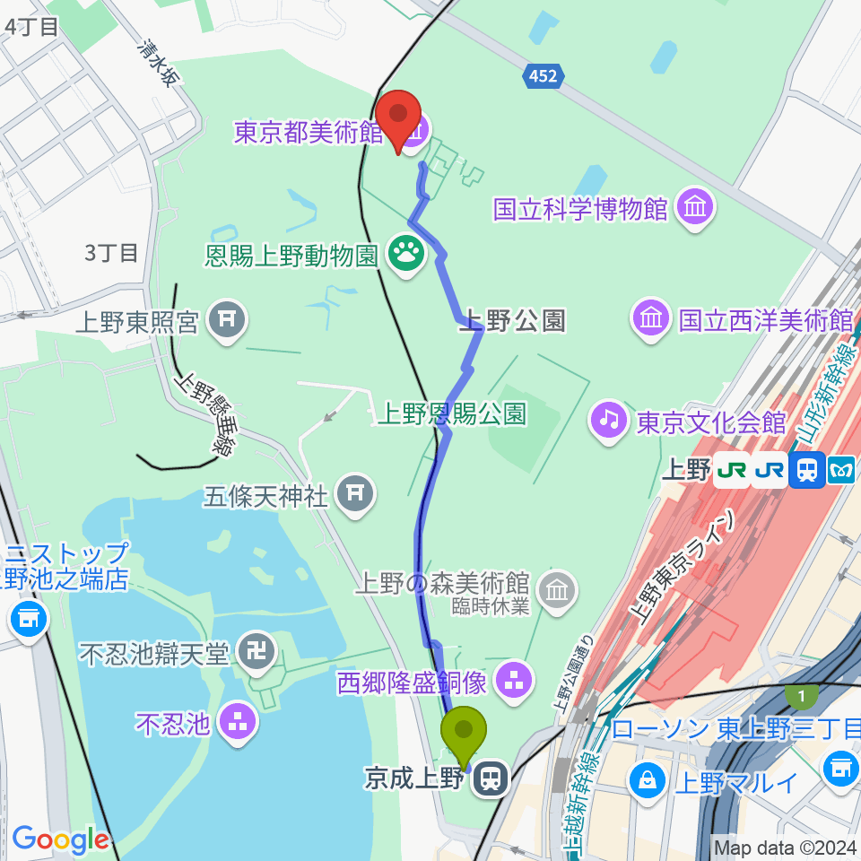 京成上野駅から東京都美術館へのルートマップ地図