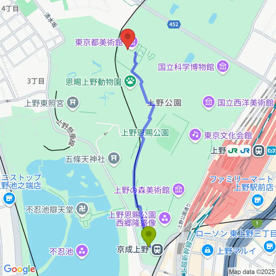 京成上野駅から東京都美術館へのルートマップ地図