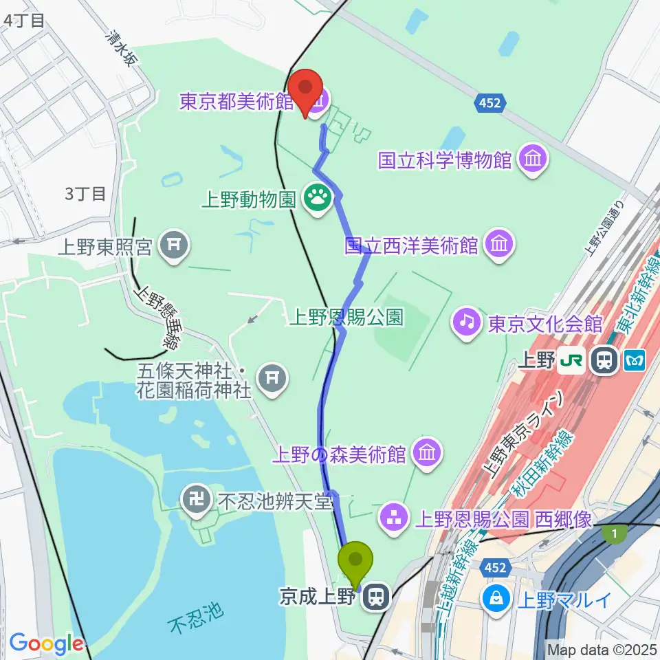 京成上野駅から東京都美術館へのルートマップ地図
