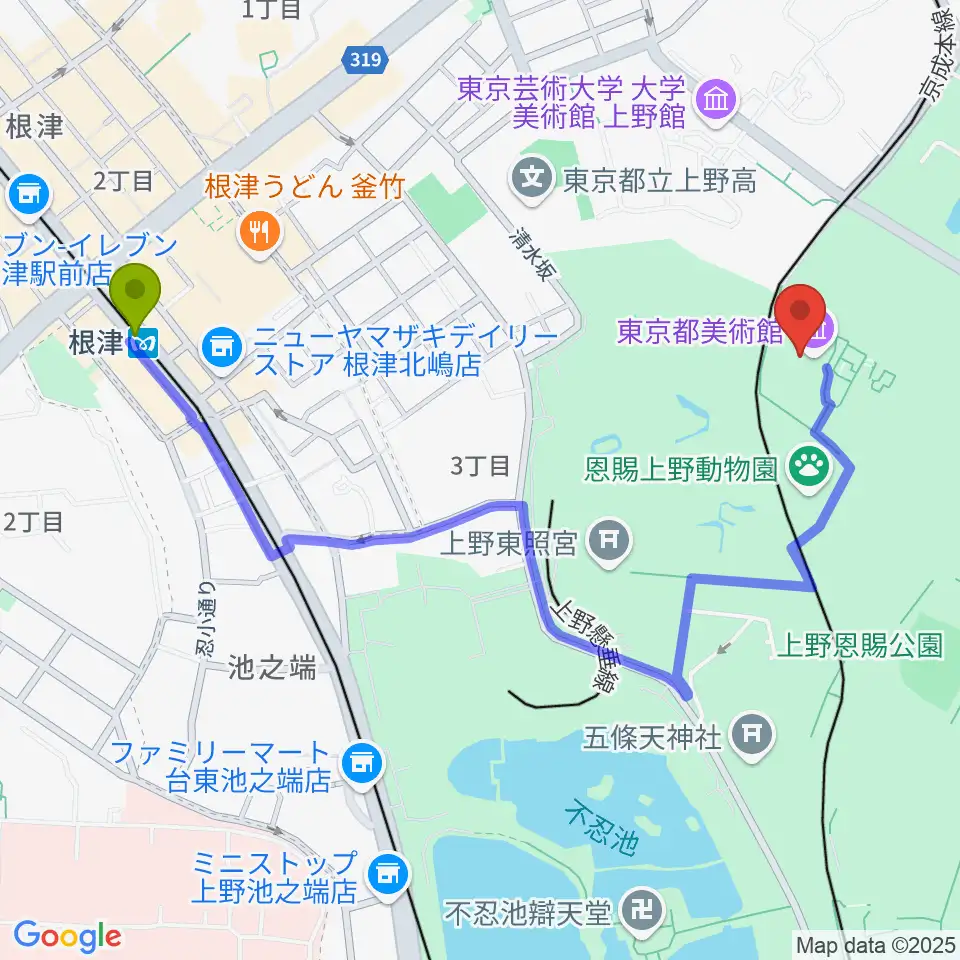 根津駅から東京都美術館へのルートマップ地図