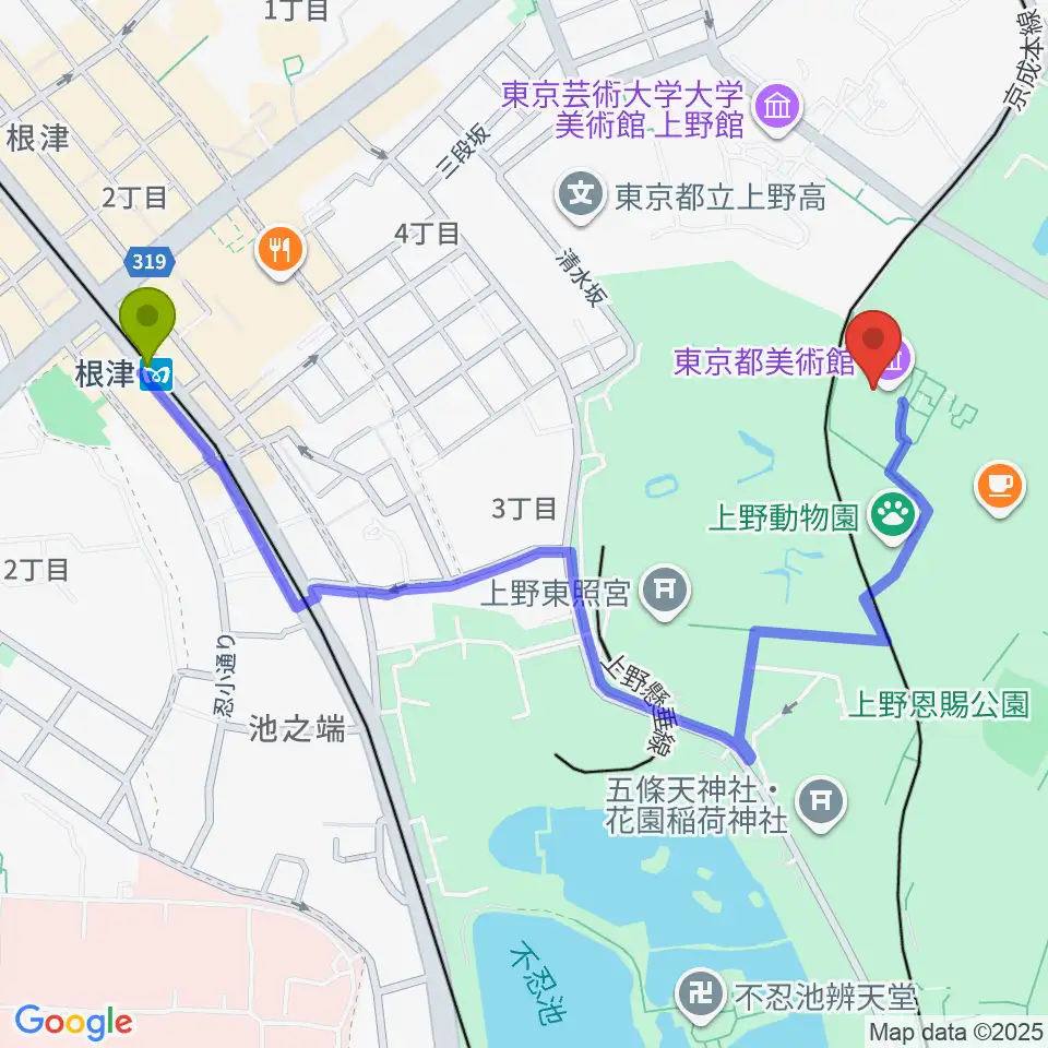 根津駅から東京都美術館へのルートマップ地図