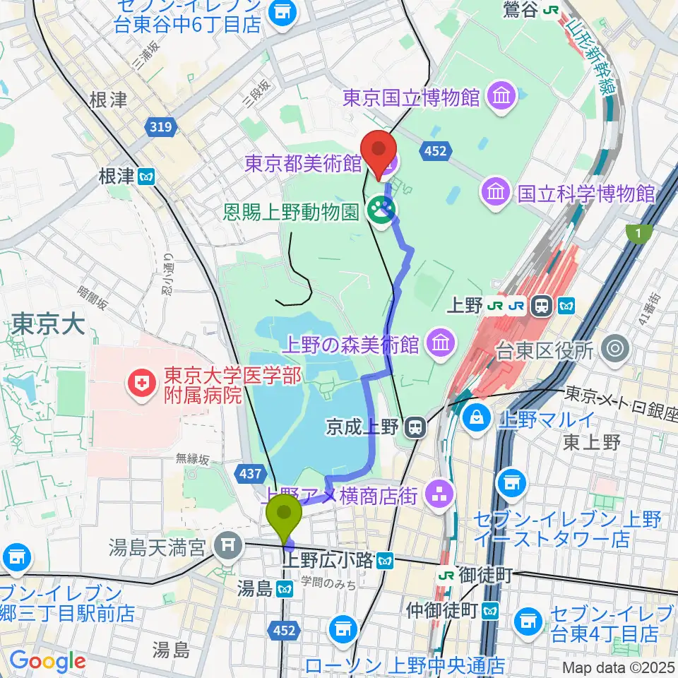 湯島駅から東京都美術館へのルートマップ地図