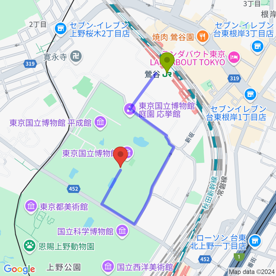 東京国立博物館・本館の最寄駅鶯谷駅からの徒歩ルート（約6分）地図