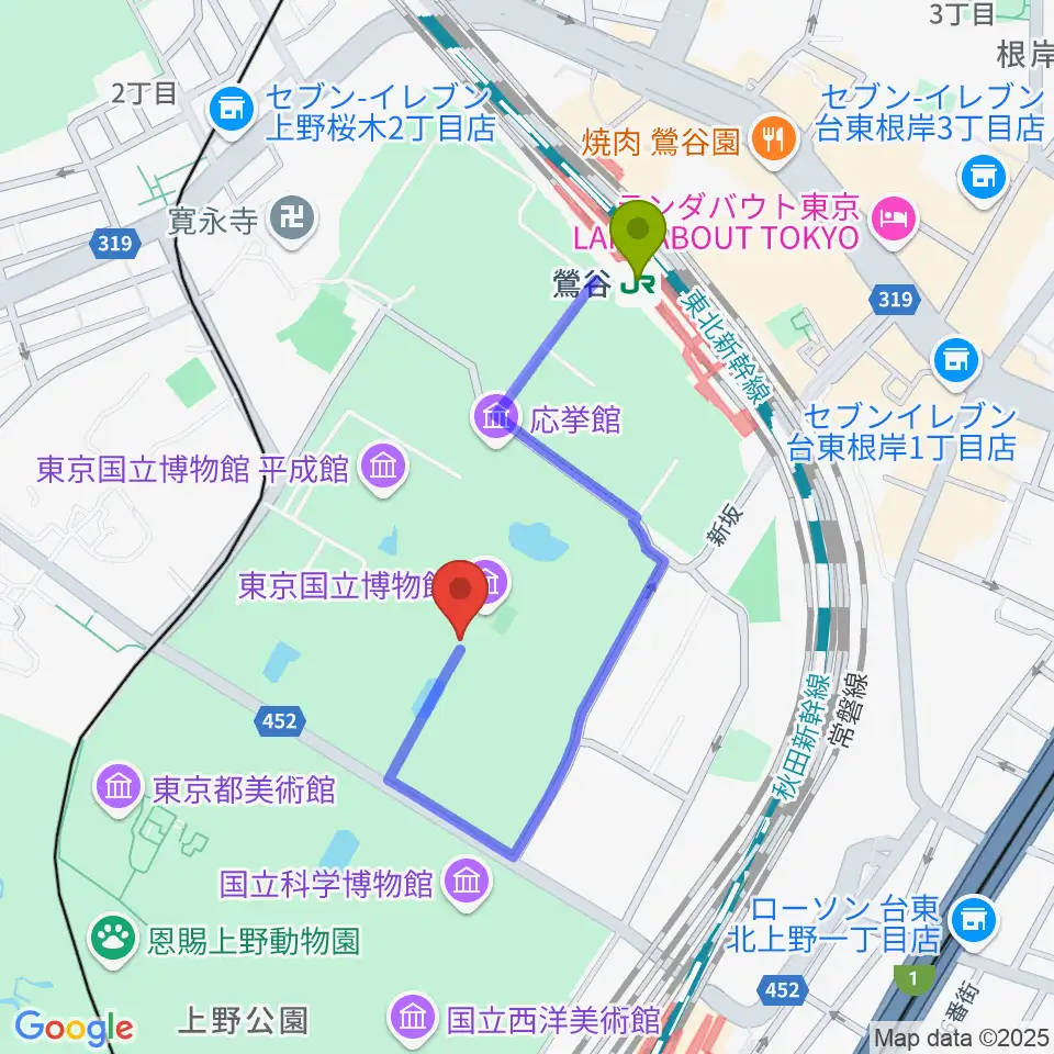 東京国立博物館・本館の最寄駅鶯谷駅からの徒歩ルート（約6分）地図