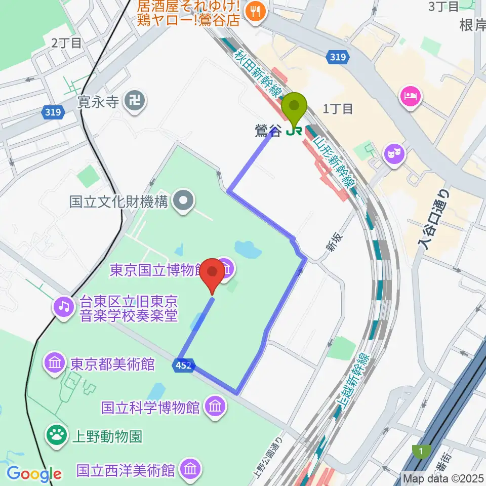 東京国立博物館・本館の最寄駅鶯谷駅からの徒歩ルート（約6分）地図